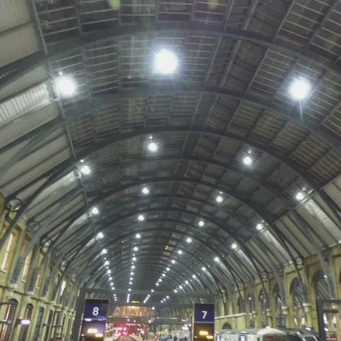 A barrel-vaulted trainshed roof hung with rows of lamps stretches over the platforms to a bright far end.